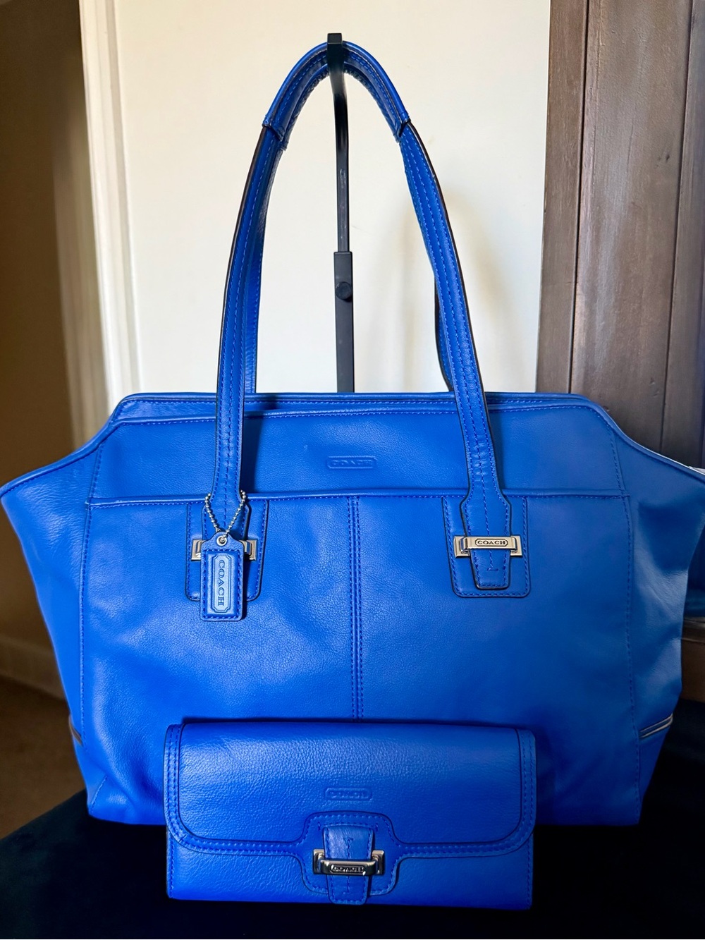 Coach Bright Blue Leather Tote with Matching Wallet
